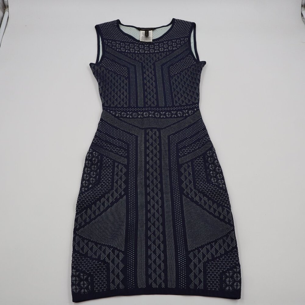 BCBGMAXAZRIA Geometric Jacquard Knit Dress Womens XXS Navy Blue Sleeveless Sheat